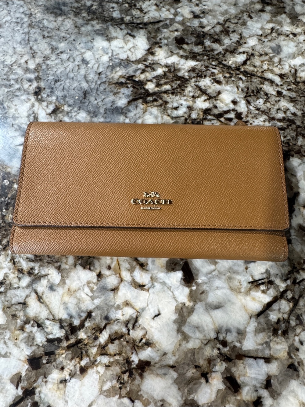 Coach Brown Pebbled Leather Continental Wallet with Gold Logo